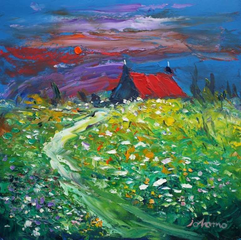 Evening Stormlight On Red Roof & Wild Flowers Isle Of Barra 16x16 - John Lowrie Morrison