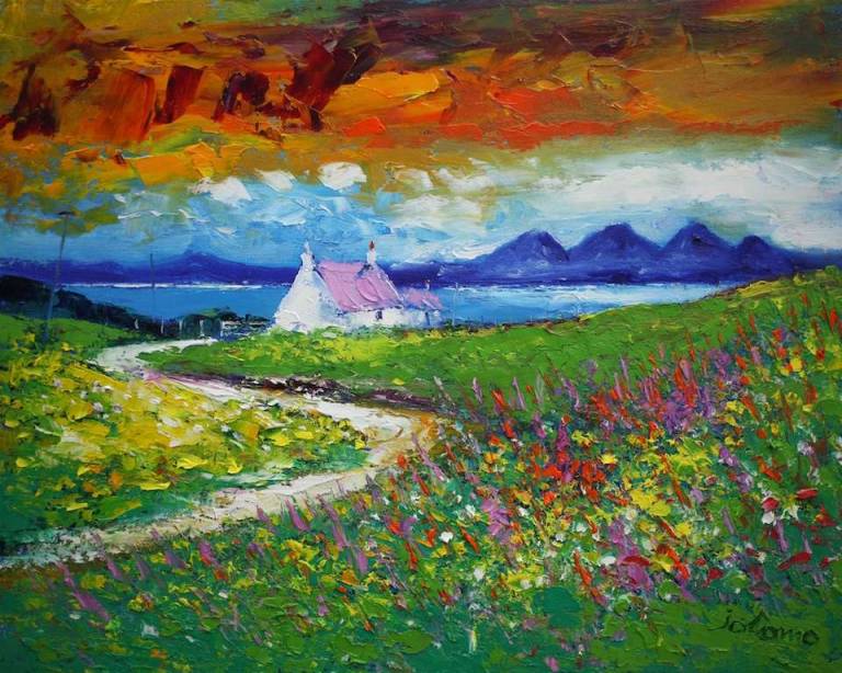 Wild Flowers Ardailly Isle of Gigha Looking to the Paps 16x20 - John Lowrie Morrison