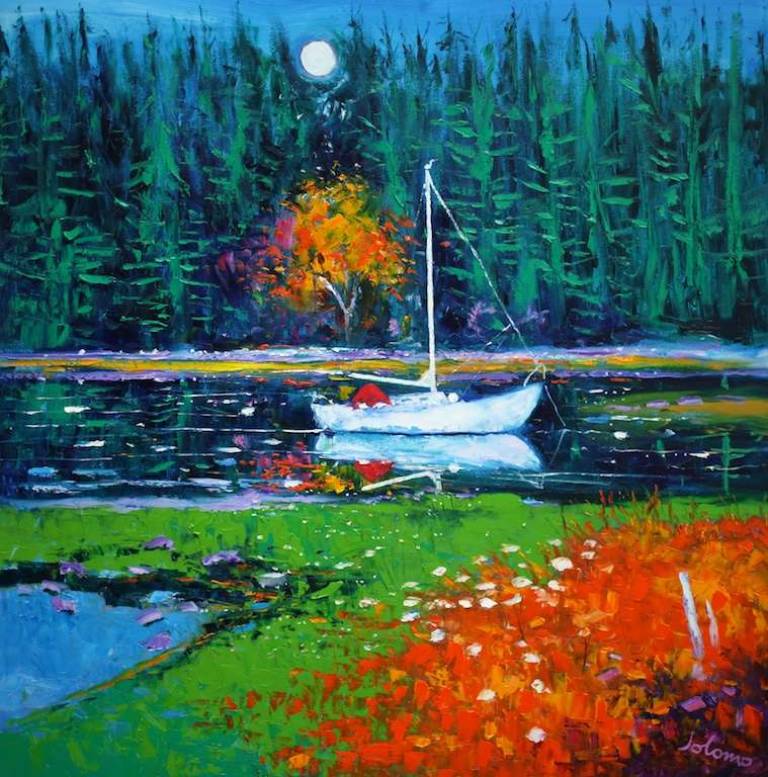 White Boat Red Tent Goose Point Caol Scotnish Knapdale 36x36 - John Lowrie Morrison