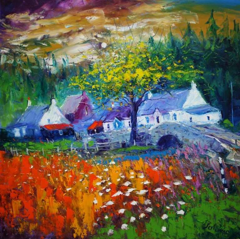 Stormy Eveninglight Grogport Wild Flowers Kintyre 30x30 - John Lowrie Morrison