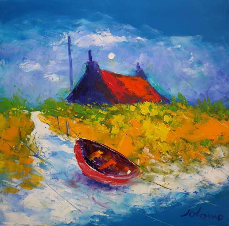 Red Roof Red Boat Benbecula 16x16 - John Lowrie Morrison