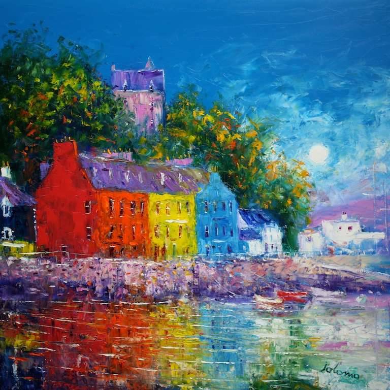 Misty Autumn Eveninglight Tobermory Isle of Mull 30x30 - John Lowrie Morrison