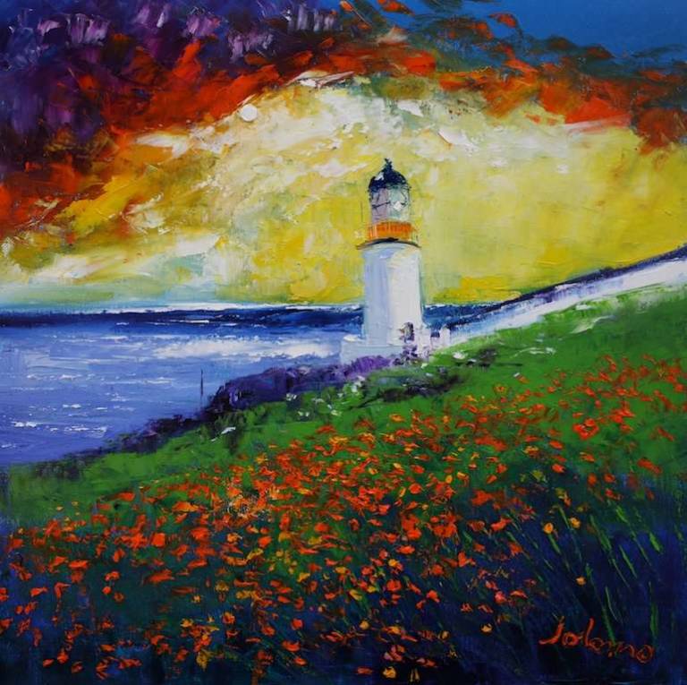 Passing Storm Over Loch Indaal  Lighthouse Islay 20x20 - John Lowrie Morrison