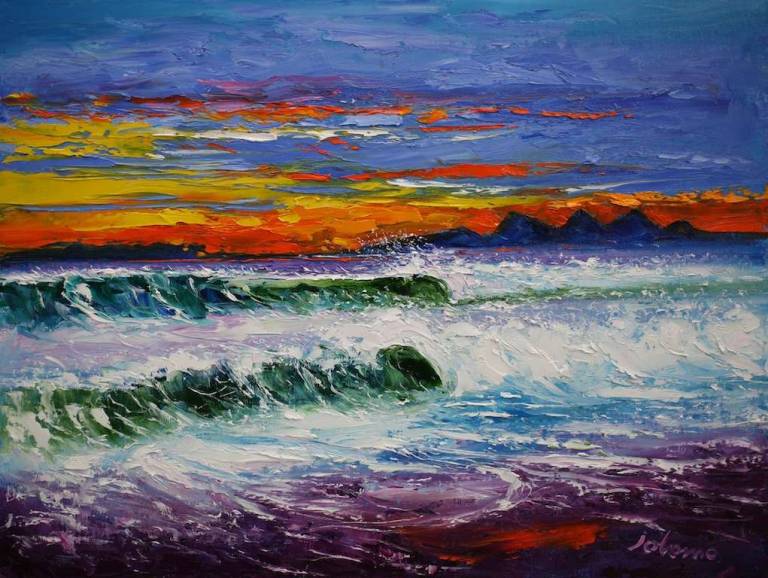 Machrihanish Big Breakers - Sunset Over The Paps of Jura 18x24 - John Lowrie Morrison