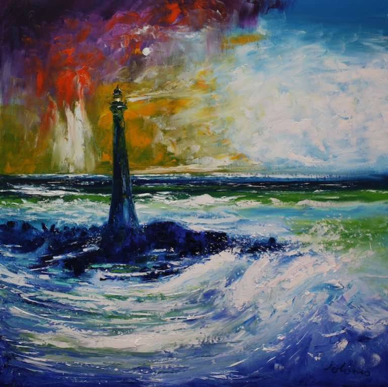 A Wild Storm Over The Skerryvore Light 30x30 - John Lowrie Morrison