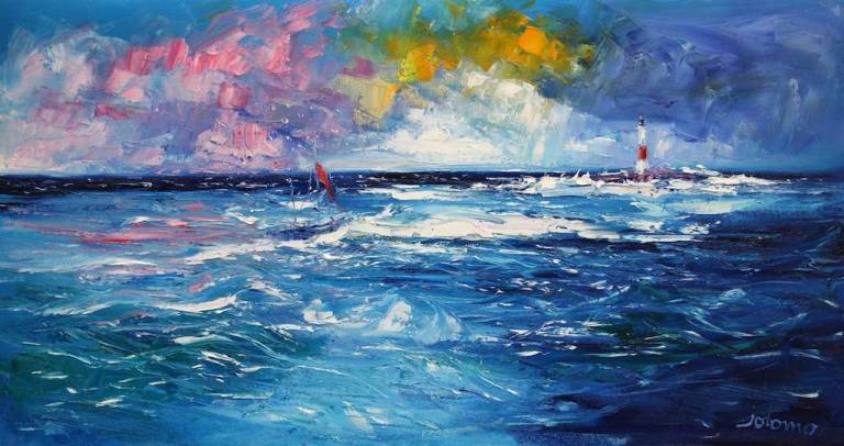 Rough seas heading round Dhu Heartach Lighthouse 16x30 - John Lowrie Morrison