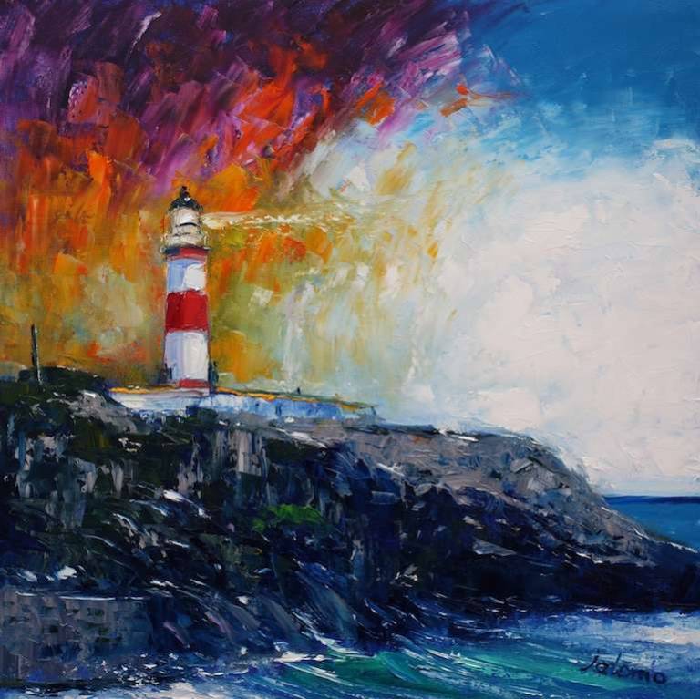 An Evening Storm Passing Scalpay Lighthouse Isle Of Harris 24x24 - John Lowrie Morrison