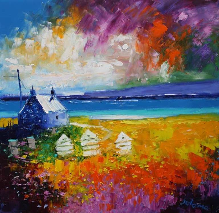Crofthouse And Beehives Morning Storm Isle of Skye 24x24 - John Lowrie Morrison