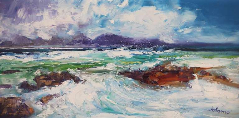 Winter Storm The Carradale Rocks looking to Arran 16x32 - SOLD - John Lowrie Morrison