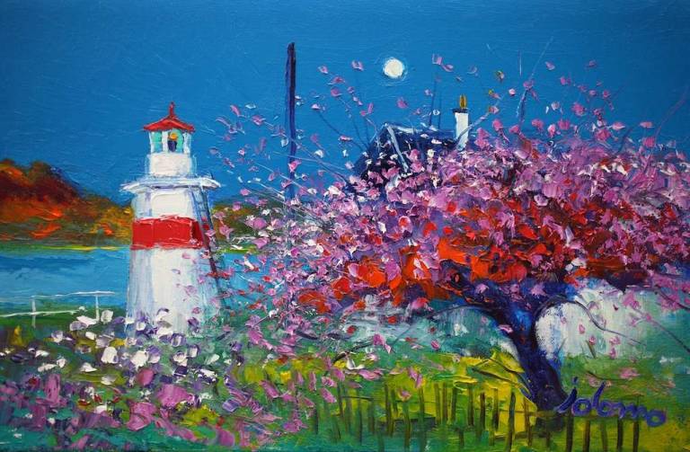 Blossoms On The Wee Lighthouse Crinan 10x16 - John Lowrie Morrison