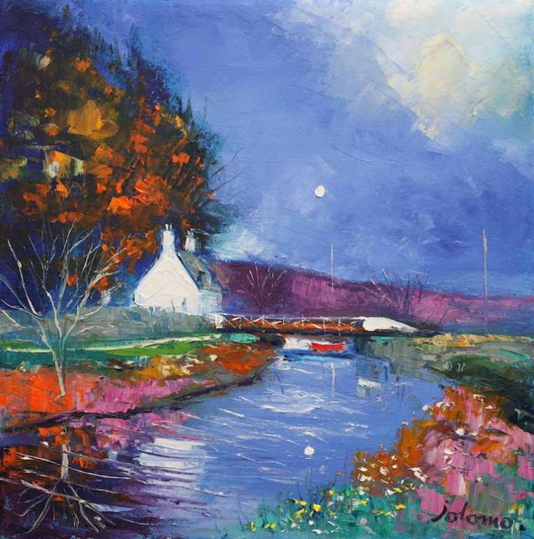 Eveninglight Puddler's Cottage Crinan Canal 16x16 - John Lowrie Morrison