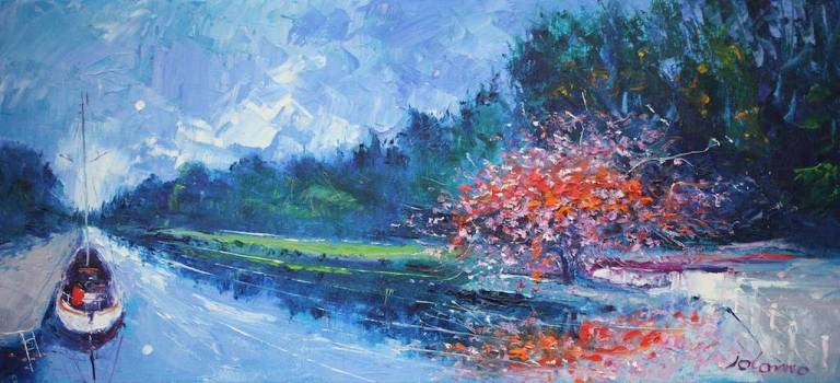 Spring Blossoms At Miller's Bridge Crinan Canal 12x26 - John Lowrie Morrison