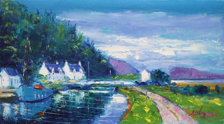 Summer Eveninglight The Blue Boat Bellanoch 10x18 - John Lowrie Morrison