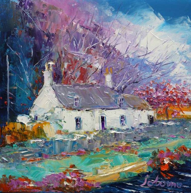 Puddlers Cottage Blossoms Crinan Canal 12x12 - John Lowrie Morrison