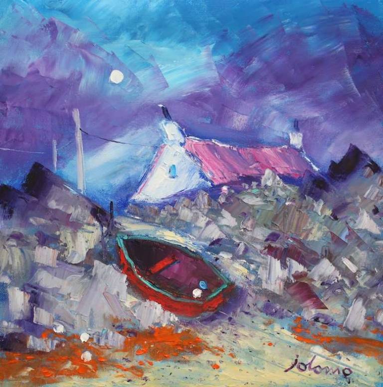 Beached Boat In The Rocks Isle Of Harris 16x16 - John Lowrie Morrison