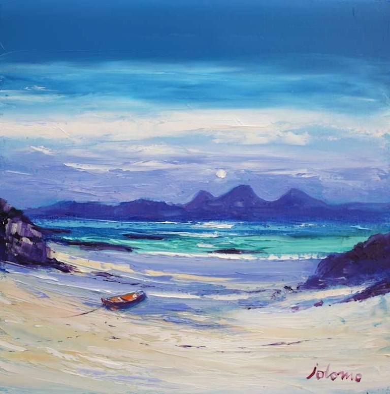 Eveninglight Beached Boat Cable Bay Colonsay 16x16 - John Lowrie Morrison