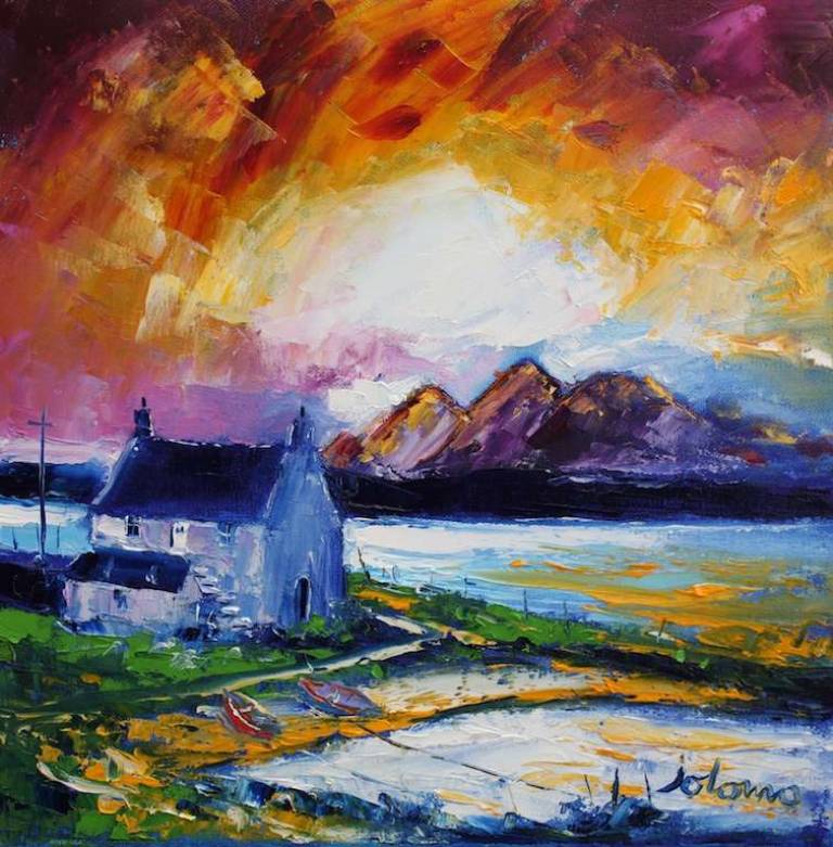 Eveninglight Over Beached Boats Port Nan Gallan Knapdale Argyll 12x12 - John Lowrie Morrison