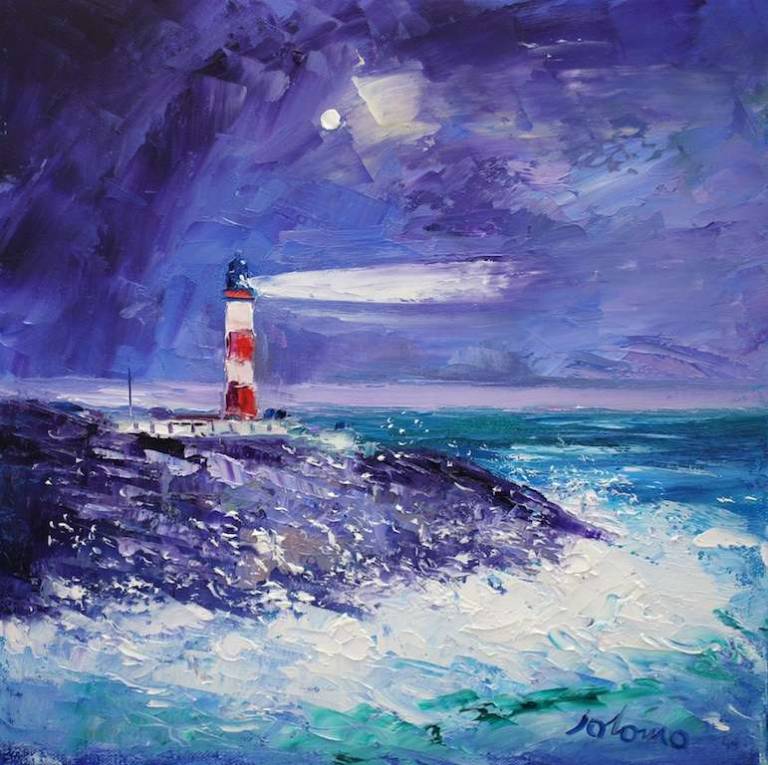 Big Storm Eilean Glas Lighthouse Harris 12x12 - John Lowrie Morrison