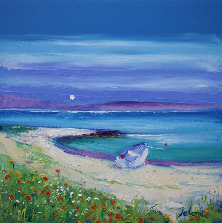 Boat On The Shore Kintyre Looking To Gigha 16x16 - John Lowrie Morrison