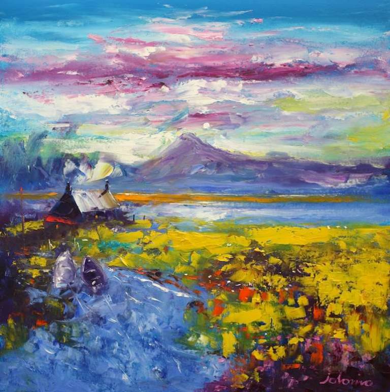 Early morning smoke Isle of Benbecula 24x24 - John Lowrie Morrison