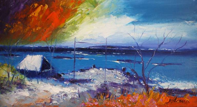 Carsaig pier looking to Colonsay from Isle of Mull 10x18 - John Lowrie Morrison