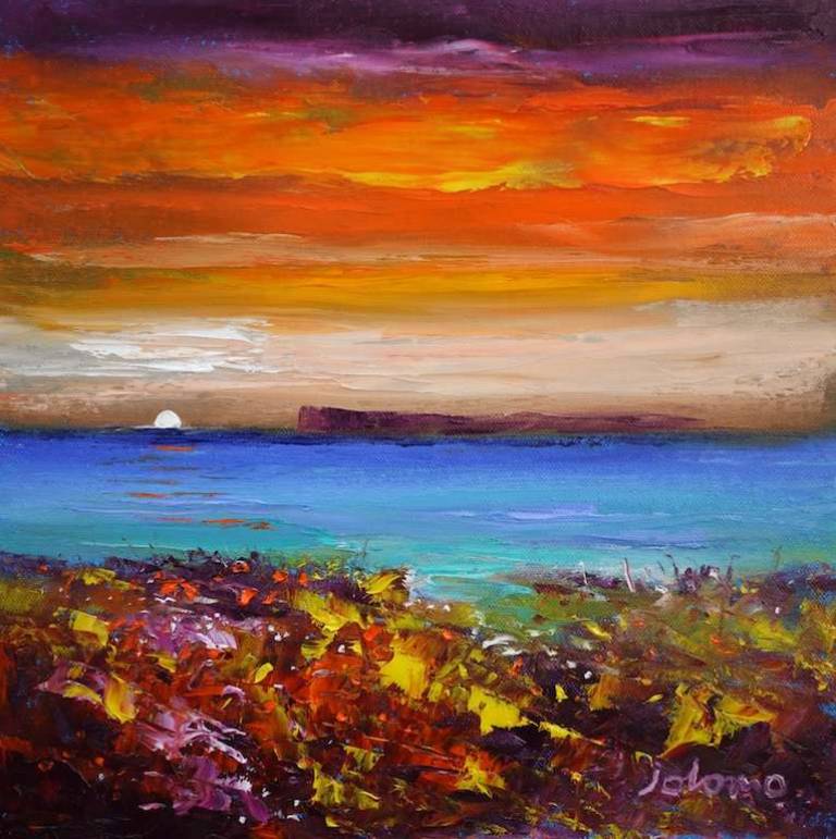 Sinking sun Staffa from studio two Isle of Mull 12x12 - John Lowrie Morrison