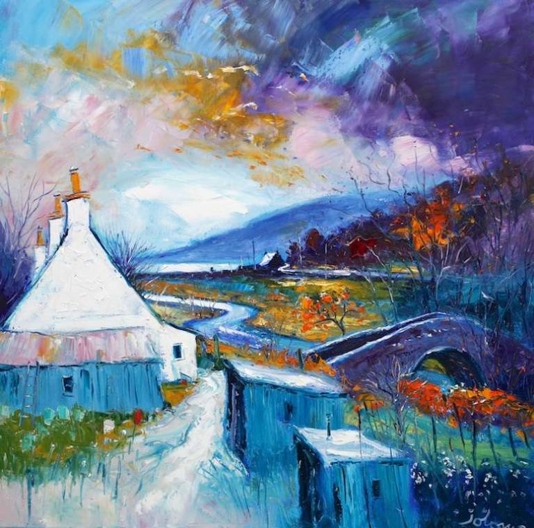 Stormy Autumnlight over Old Aros Bridge Mull 36x36 - John Lowrie Morrison