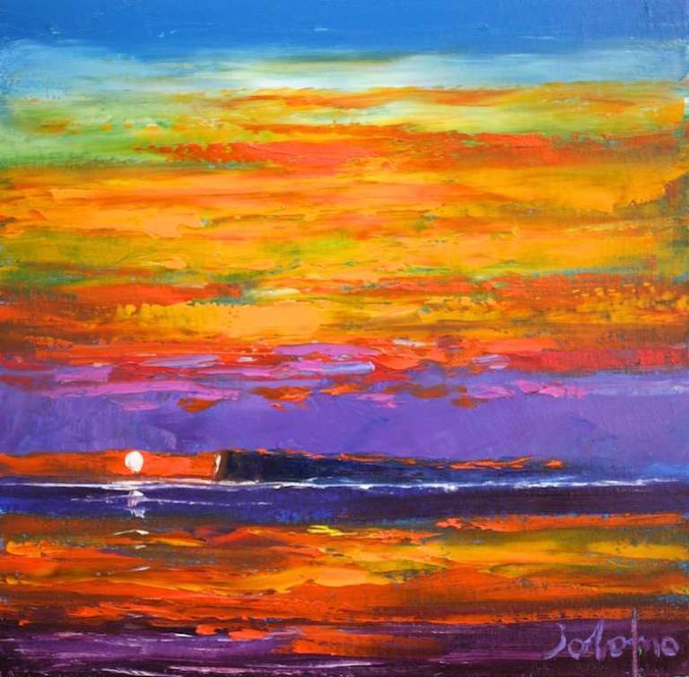 The setting sun Staffa from Studio Two 16x16 - John Lowrie Morrison