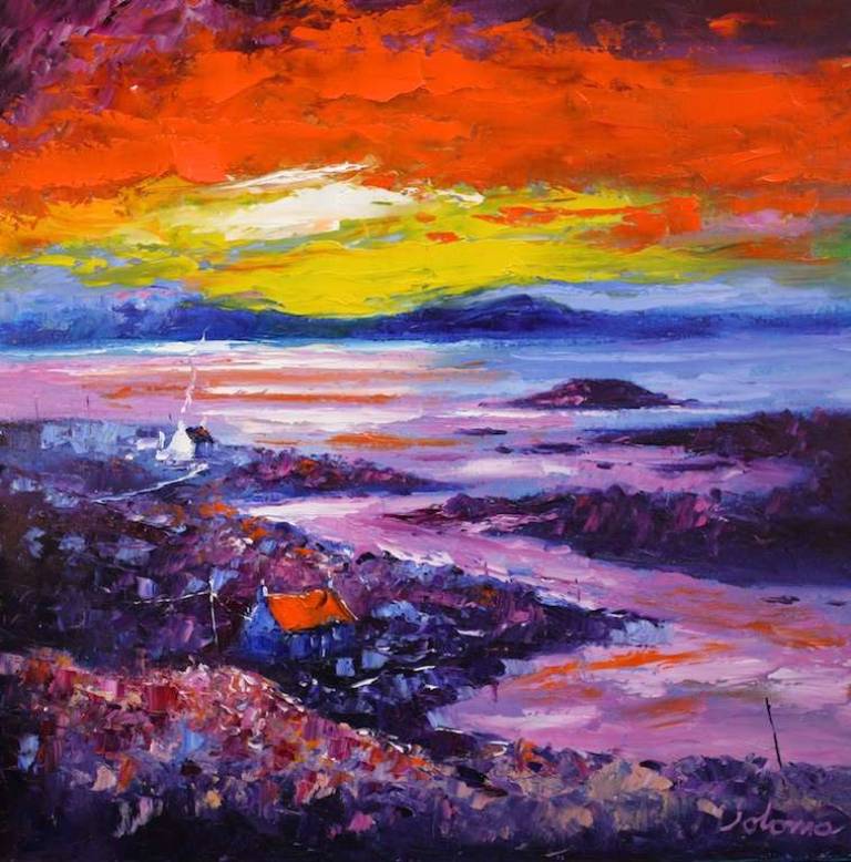 An early sunrise over Loch OB Leasiad Isle of Harris 24x24 - John Lowrie Morrison