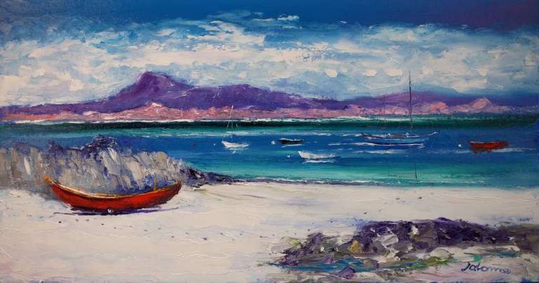 The red boat at the moorings Isle of Iona 16x30 - John Lowrie Morrison