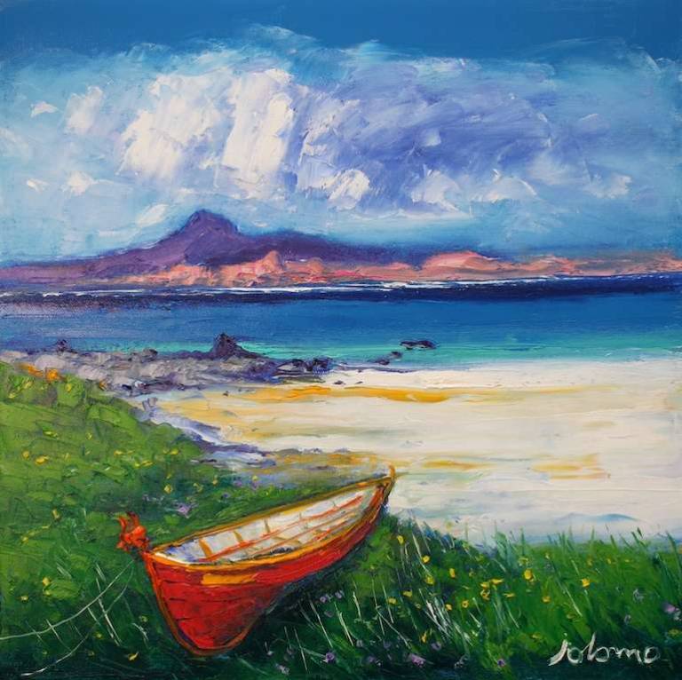Summer rain the red boat Isle of Iona 16x16 - John Lowrie Morrison