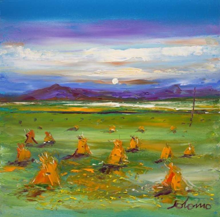 Barley stooks Bahghasdal in the gloaming South Uist 12x12 - John Lowrie Morrison