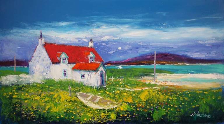 Croft - boat and wild buttercups Isle of Eriskay 18x32 - John Lowrie Morrison