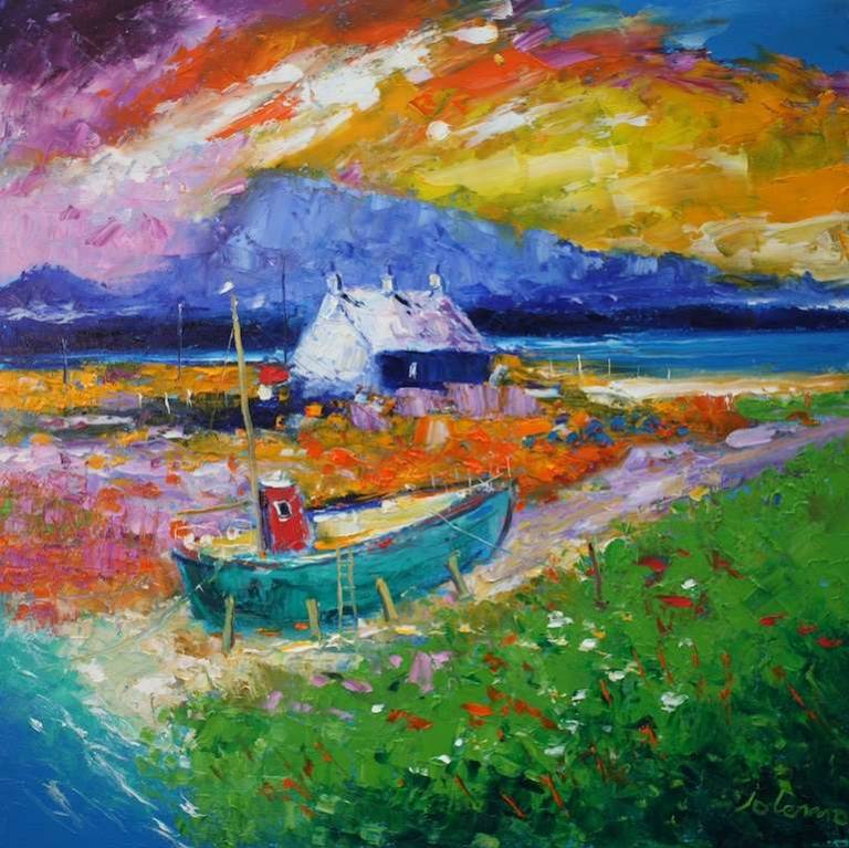 Beached old fishing boat Benbecula 24x24 - John Lowrie Morrison