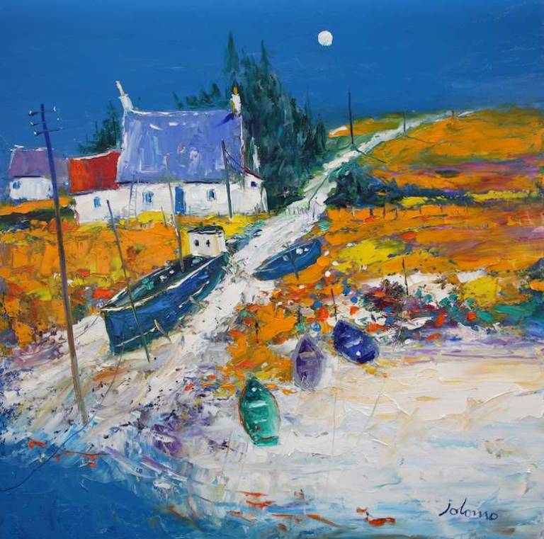 Beached boats at the croft Isle of Harris 30x30 - John Lowrie Morrison