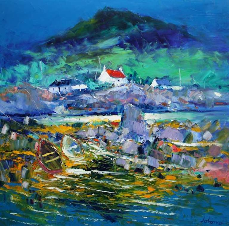 Beached boats in the rocks Portuairk 36x36 - John Lowrie Morrison