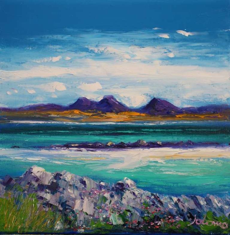 The rocks of Colonsay looking to the Paps of Jura 16x16 SOLD - John Lowrie Morrison
