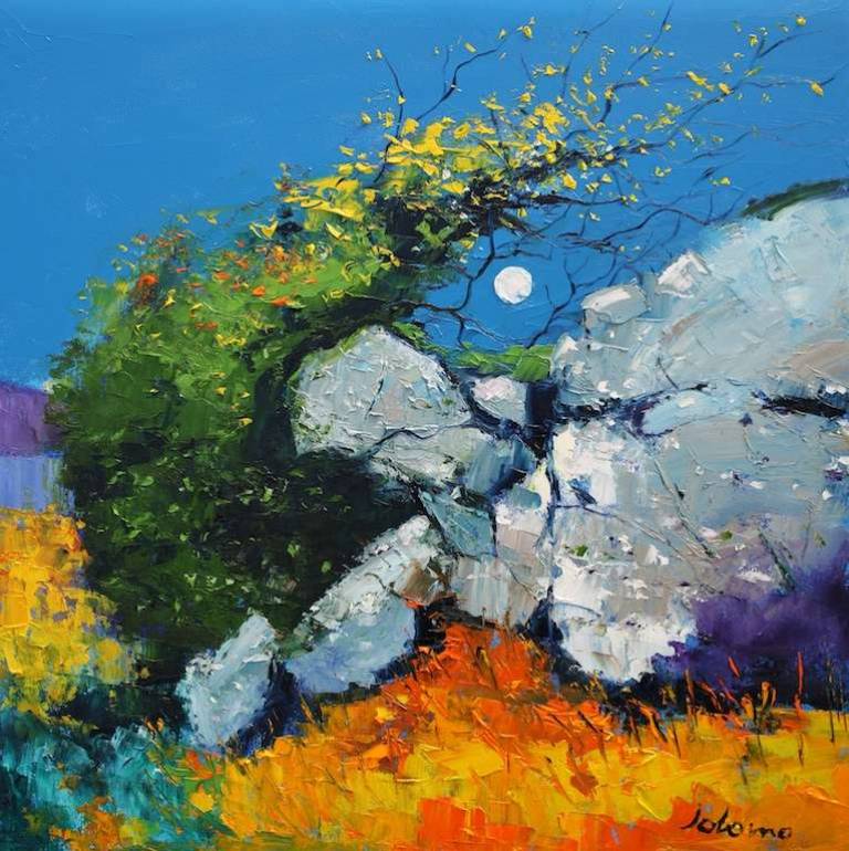 Old tree growing out of big rock Ormsary Knapdale 24x24 - John Lowrie Morrison