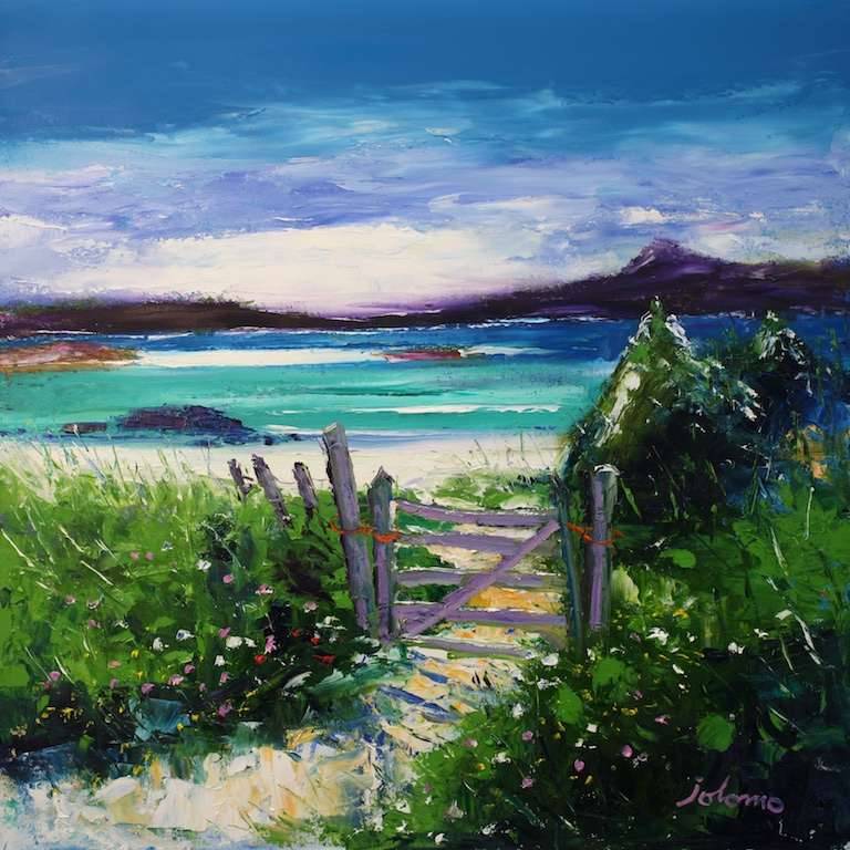 Grass tufts & beach gate Traigh Bhan Iona 24x24 - John Lowrie Morrison
