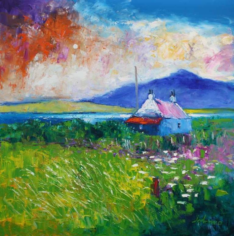 Rain passing over Isle of Benbecula 30x30 - John Lowrie Morrison