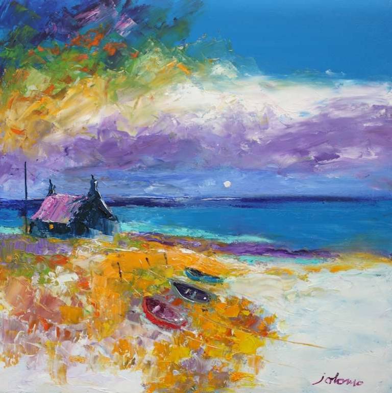 Beached boats & croft Isle of Benbecula 24x24 - John Lowrie Morrison