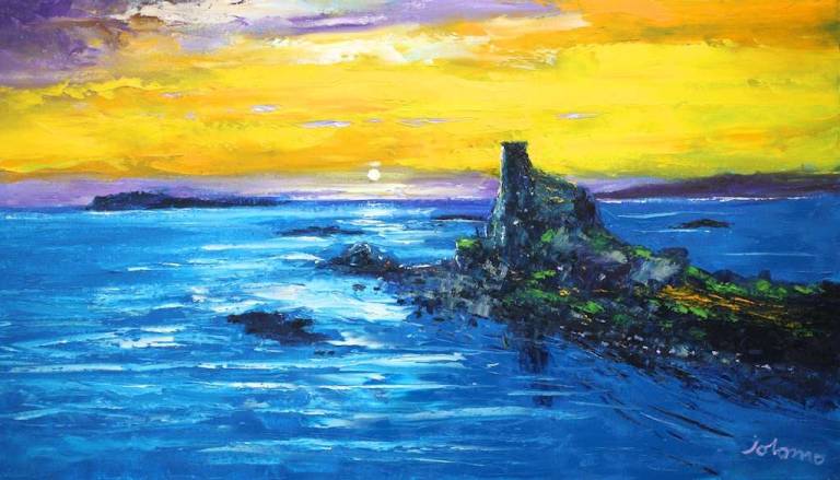 Night falls on Lagavulin Dunyvaig Castle Islay 18x32 - John Lowrie Morrison