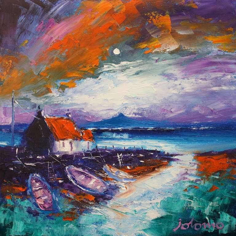 Rain passing over Isle of Berneray 12x12 - John Lowrie Morrison