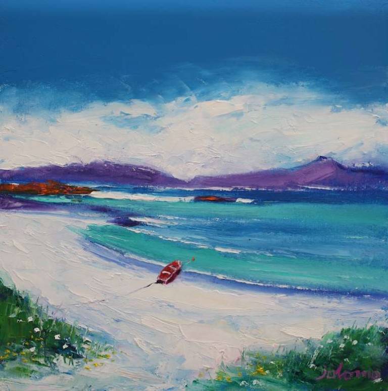 The red boat on Traigh Bhan Iona 16x16 - John Lowrie Morrison