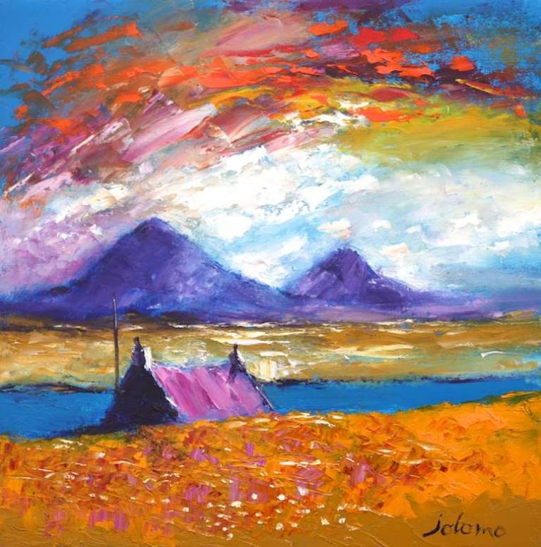 Stormy eveninglight over the Uists 16x16 - John Lowrie Morrison