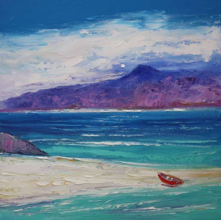 The red boat on Eilean Annraidh Isle of Iona 16x16 - John Lowrie Morrison