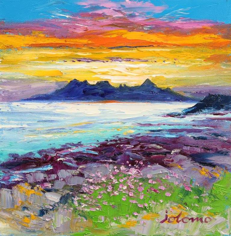 Isle of Rum from Eigg eveninglight 10x10 - John Lowrie Morrison