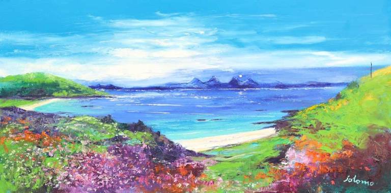 Beaches and heathers looking to the Paps Isle of Gigha 20x40 - John Lowrie Morrison