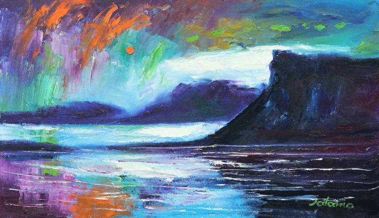 Big storm passing over the Gribun Cliffs Mull 14x24 - John Lowrie Morrison