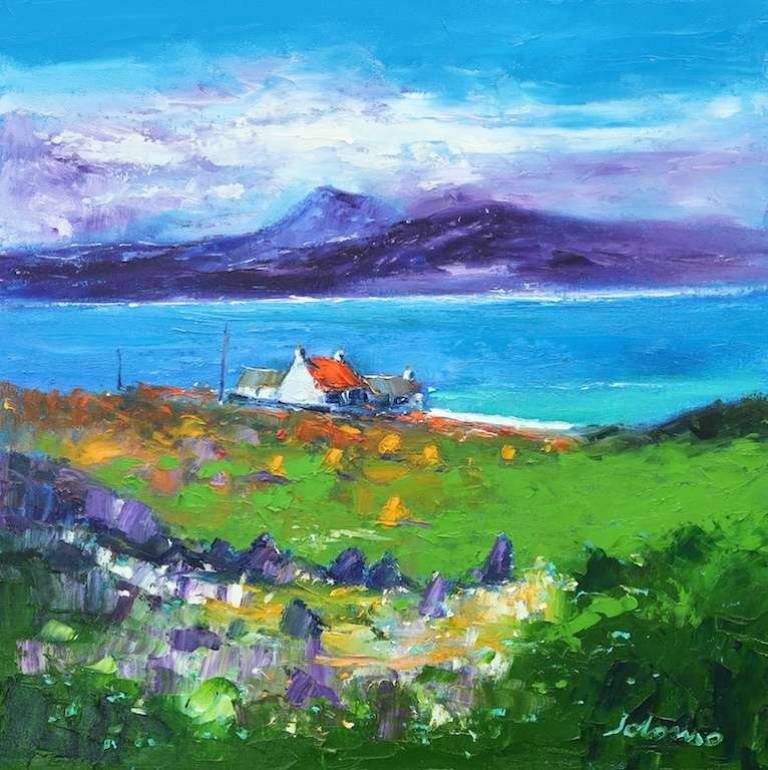 Wee haystacks near the rocky glen Iona 20x20 - John Lowrie Morrison